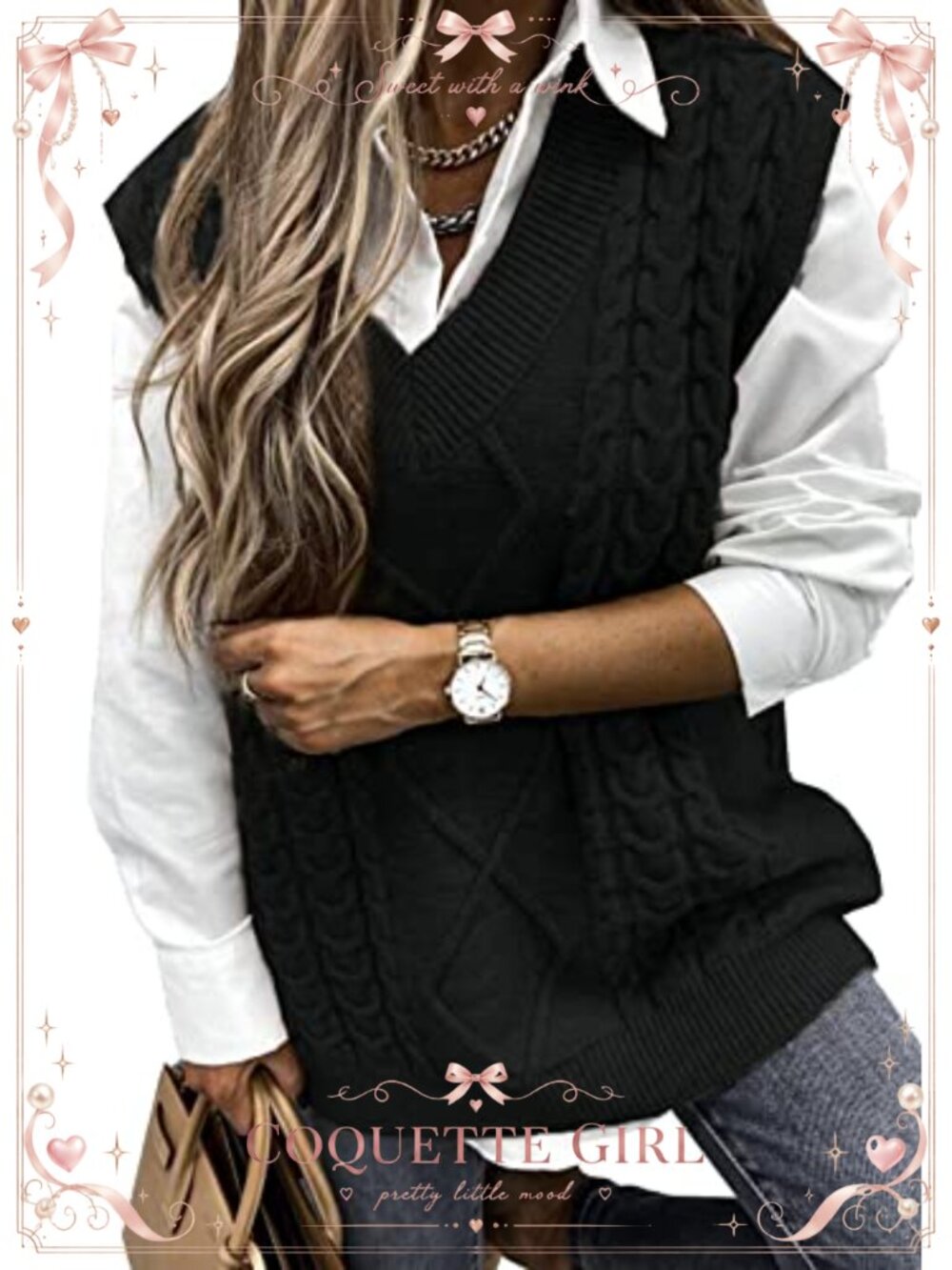 V Neck Cable Knit Sweater Vest Sleeveless Pullover for Women